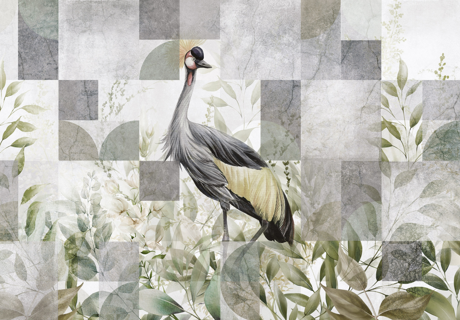 Фототапет Нежна илюстрация с жерав и ботанически елементи